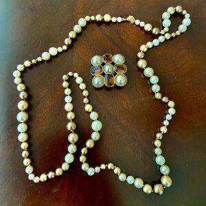 Lustrous Multicolor Pearl Set of Necklace 40” and Brooch 1,5”